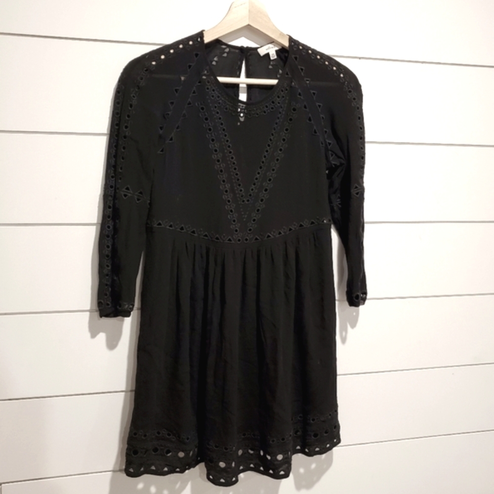 Aritzia xxs wilfred Eyelet Dress Oversized Mini Geometric Boho black Art Deco